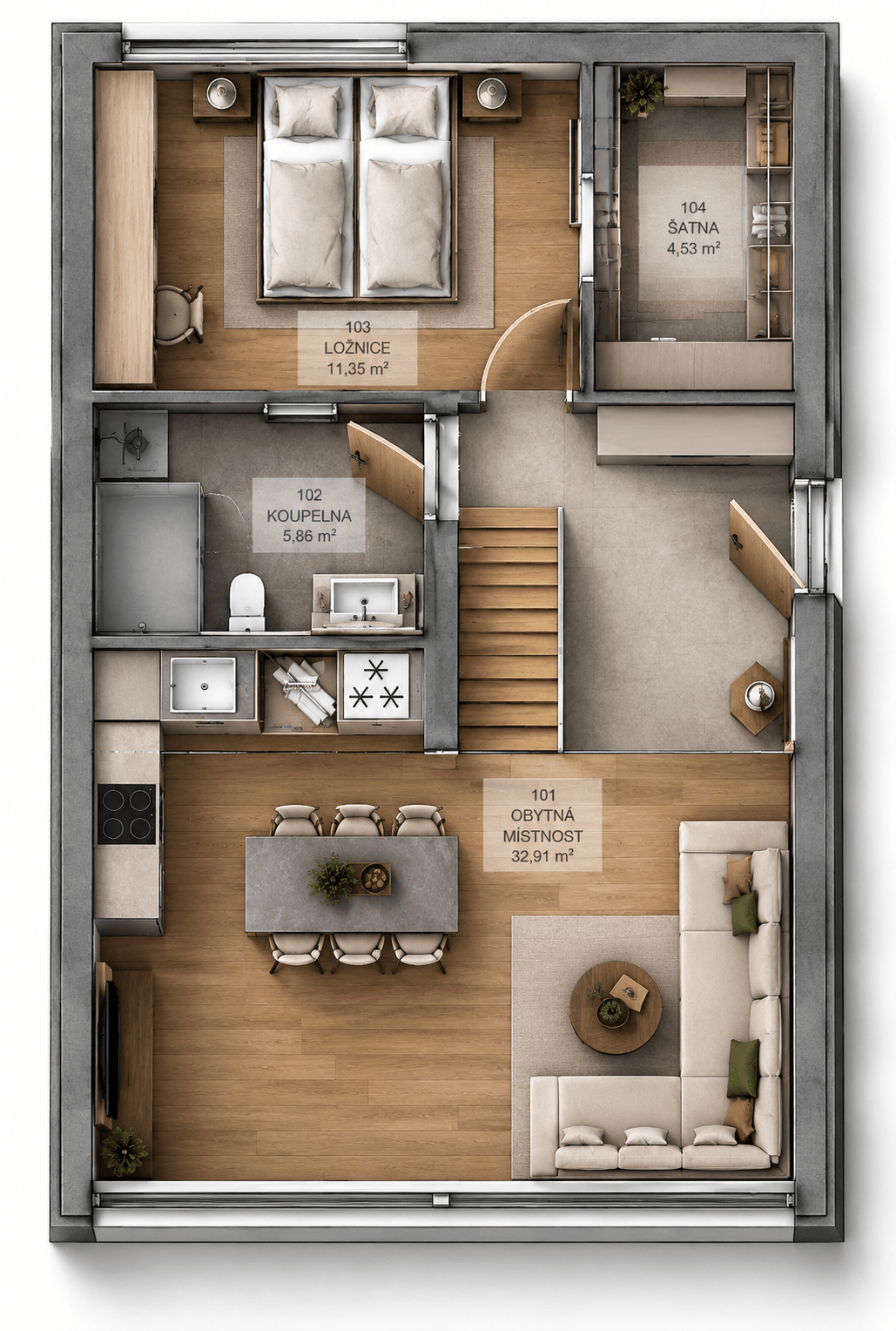Půdorys Chata — Přízemí COMPACT a GRAND · 54,65 m² (LOFT a PLUS mají navíc podkroví)