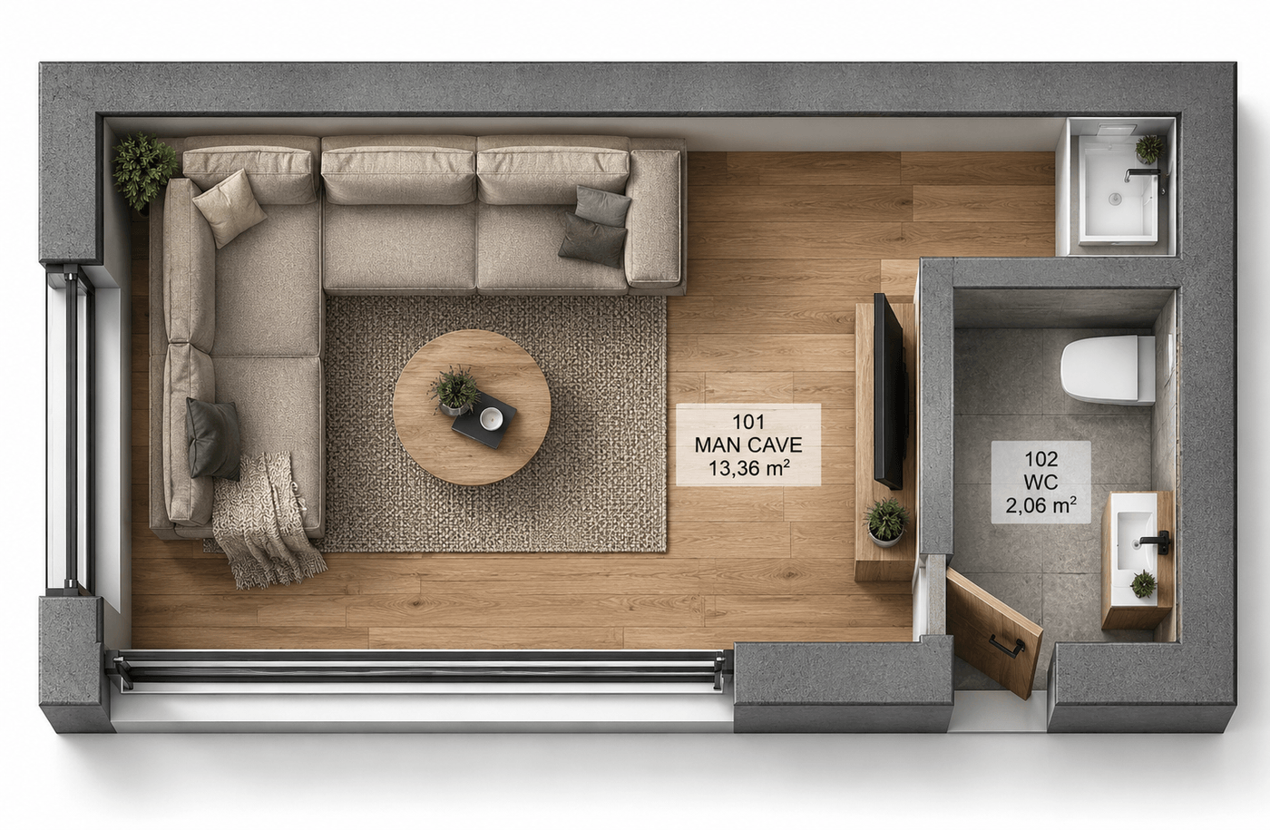 Půdorys Man-cave — Basic · 20,4 m²
