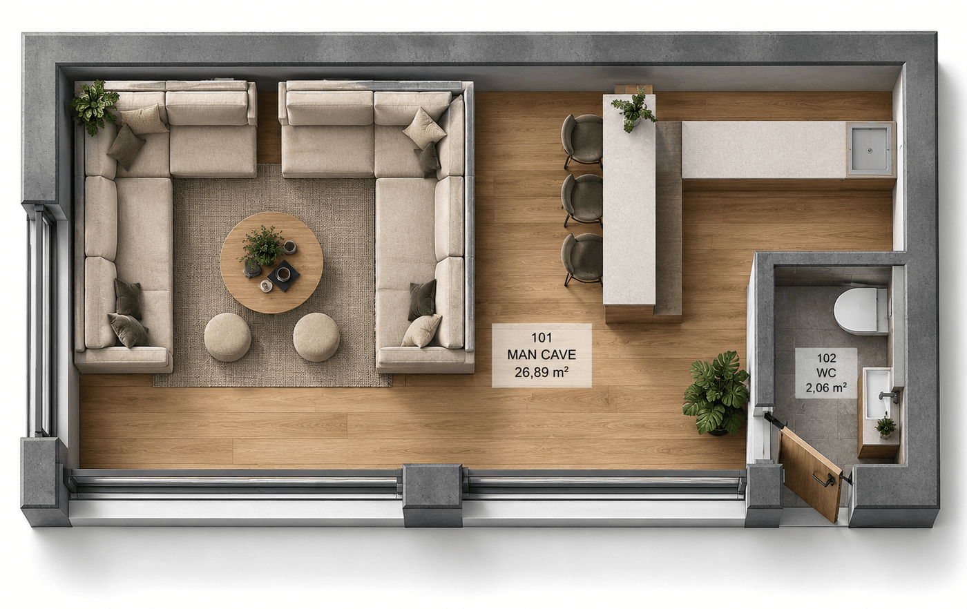 Půdorys Man-cave — Premium a Signature · 35,5 m²